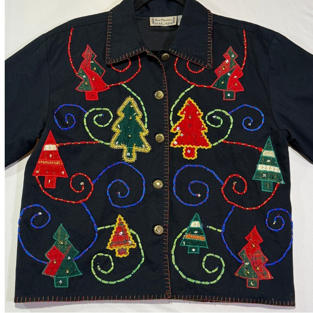 Vintage New Directions Christmas Tree‎ Embroidered Button Down Holiday Jacket - Picture 2 of 8